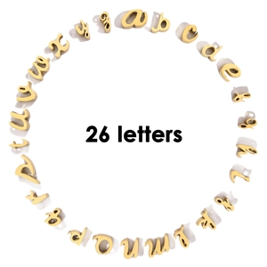 Set of 26 gold lowercase script alphabet beads for DIY jewelry making in a circular layout