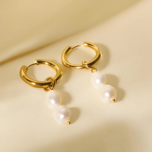 Elegant 14K gold plated hoop earrings with dangling double natural freshwater pearls