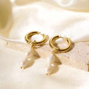 14K gold plated stainless steel hoop earrings featuring white baroque freshwater pearls