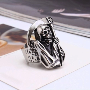 Anello da Uomo Gothic Punk in Acciaio Inossidabile con Teschio della Morte Falce Finitura Antica Gioielli per Halloween e Feste