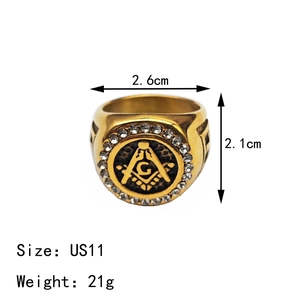 Gold stainless steel Freemason ring with G-compass symbol and sparkling rhinestones