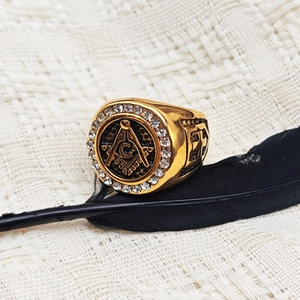 Vintage Masonic Stainless Steel Ring With Rhinestone Gold Plated Religious Cross Symbol Fraternal Jewelry For Men