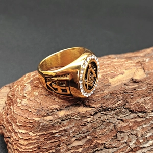 Vintage golden Masonic Freemason ring with sparkling crystal cross and stainless steel band