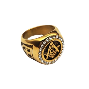 Men's golden stainless steel Freemason ring with G letter symbol and cross motif