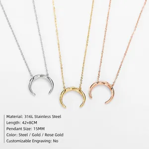 Three 316L stainless steel crescent moon necklaces in gold, silver, and rose gold finishes