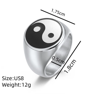 Polished stainless steel Yin Yang ring with Tai Chi gossip pattern and size specifications