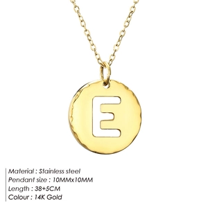 18K gold plated stainless steel necklace with round letter E pendant and hammered texture