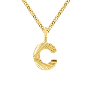 Golden 2MM Cuban link chain necklace featuring a letter C pendant with radial texture
