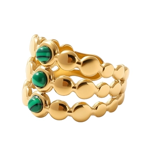 Three-layer 18k gold plated ring with round malachite inlays and adjustable band