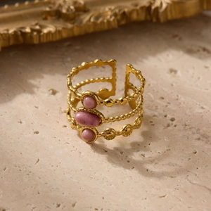 Anillo abierto vintage de tres capas en acero bañado en oro 18K con piedras rosas