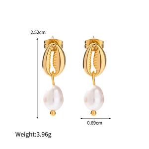 Golden shell earrings with freshwater pearl drops for summer beach beachwear jewelry
