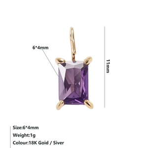 Macro view of 6x4mm purple rectangular zircon pendant with 18K gold plating
