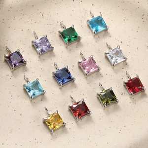 Pendente in Acciaio Inossidabile 316 Zirconia Quadrata DIY Charm Geometrico Taglio Princess Colorato per Creazione Gioielli