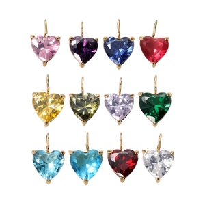 Set of 12 colorful heart-shaped zircon charms with golden metal prongs and hanging loops