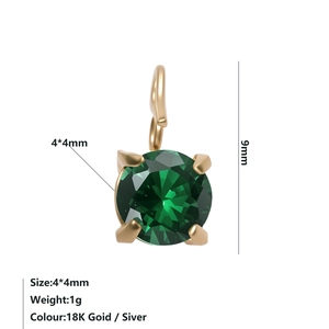 Macro detail of a 4x4mm green zircon pendant with dimensions and 18K gold setting