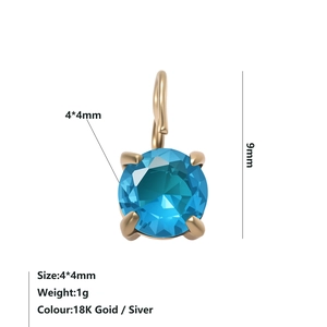 Detail showing a 4mm blue zircon pendant with 18K gold plating and size annotations