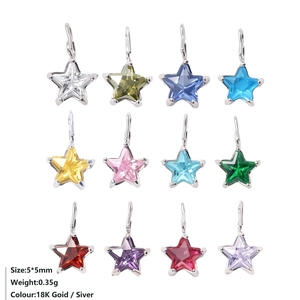 Set of twelve colorful 5mm star-shaped zircon pendants in polished stainless steel