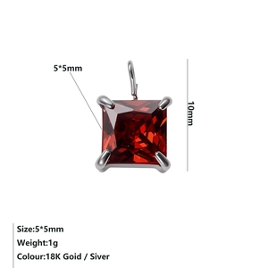 Macro-opname van de 5x5mm vierkante rode zirkoon hanger met zilveren vier-klauw zetting