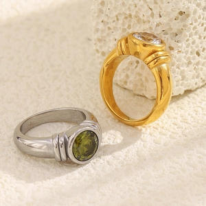 Round Zircon Ring Stainless Steel 18K Gold Plated Wide Band Bezel Set Geometric Retro Light Luxury Jewelry For Women