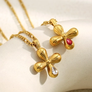 Collana a croce in acciaio inossidabile placcato oro 18K con gemme rosse e bianche