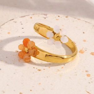 Adjustable 18K gold plated ring with white and orange beaded flower charms