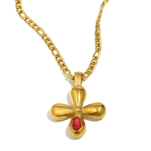 Collana in acciaio inossidabile placcato oro 18K con croce e zircone rosso a goccia