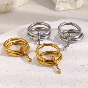 Double-layer 18K gold plated stainless steel ring with teardrop zircon pendant