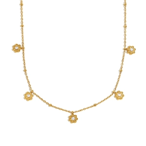 Halskette aus 18K vergoldetem Edelstahl mit Perlenkette und Zirkonia-Blumenanhängern