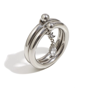 Double-layered stainless steel ring with polished silver finish and teardrop zircon drop