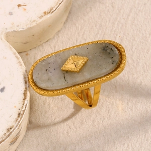 Detail of 18K gold-plated ring featuring oval grey stone with vintage beaded edges