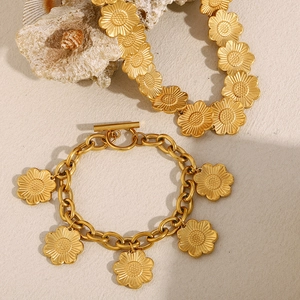 Collier Et Bracelet Tournesol Marguerite Acier Inoxydable Plaqué Or 18K Bijoux De Mode Exagérés Pour Femmes