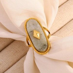 Vintage 18K gold plated stainless steel open ring with oval white marble stone and bead border