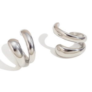 Polished silver double-layered ear cuff with minimalist irregular curved fluid metal design