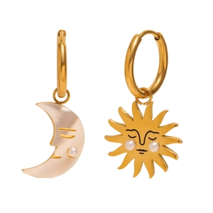 Asymmetric 18K gold plated stainless steel sun and moon earrings with pearl details