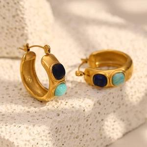 Orecchini a cerchio retrò in acciaio inossidabile placcato oro 18K con pietre blu
