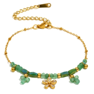 Bracciale in acciaio inossidabile placcato oro 18K con fiori e perline verdi da donna