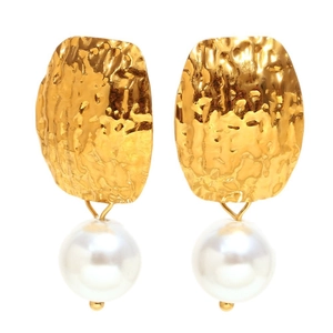 Boucles d'oreilles en métal martelé plaqué or 18K avec perles blanches pour femmes