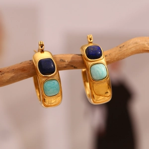 Orecchini a cerchio vintage placcati oro 18K con pietre quadrate di lapislazzuli e turchese