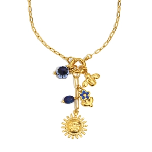 Collar de acero inoxidable chapado en oro 18K con colgantes de sol abeja y flores azules