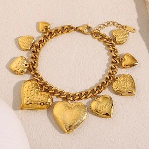 Stainless Steel 18K Gold Plated Multi Heart Charm Bracelet Vintage Heavy Link Chain Love Engraved Retro Fashion Jewelry
