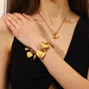 18K gold plated stainless steel S-letter necklace and multiple heart charm bracelet set