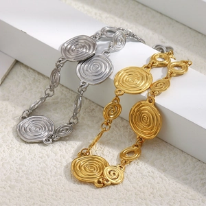Bracelet À Maillons Vintage Texture Spirale Disque Rond Pour Femme Acier Inoxydable Plaqué Or 18K Bijoux De Mode
