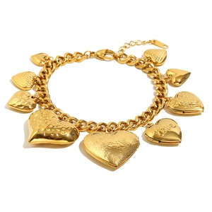 Retro 18K gold plated stainless steel chunky chain bracelet with nine heart charms