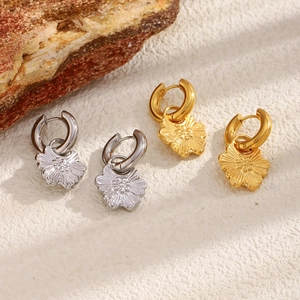 Elegant 18K gold and silver plated stainless steel embossed flower hoop earrings
