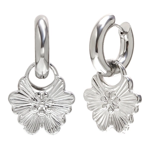 Silver flower pendant earrings with wide hoops and vintage textured relief in pair