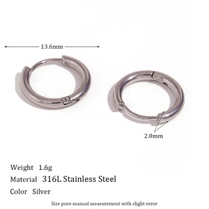 Polished silver 316L stainless steel hoop earrings with 13.6mm diameter specifications