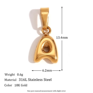 Mini bubble letter A pendant in 18K gold plated stainless steel with size measurements
