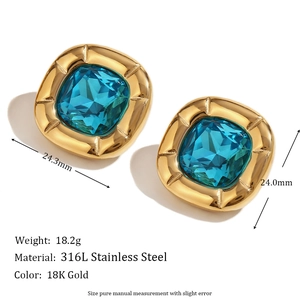 Vintage 18K gold plated stainless steel square earrings with sky blue zircon stones
