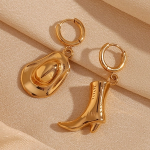 Asymmetric 18K gold plated stainless steel western cowboy hat and boot hoop earrings