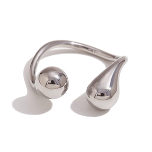 Polished silver stainless steel open ring with minimalist ball and teardrop ends